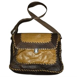 Vintage Boho Whipstitch Two-Tone Leather Crossbody Messenger Bag NWOT
